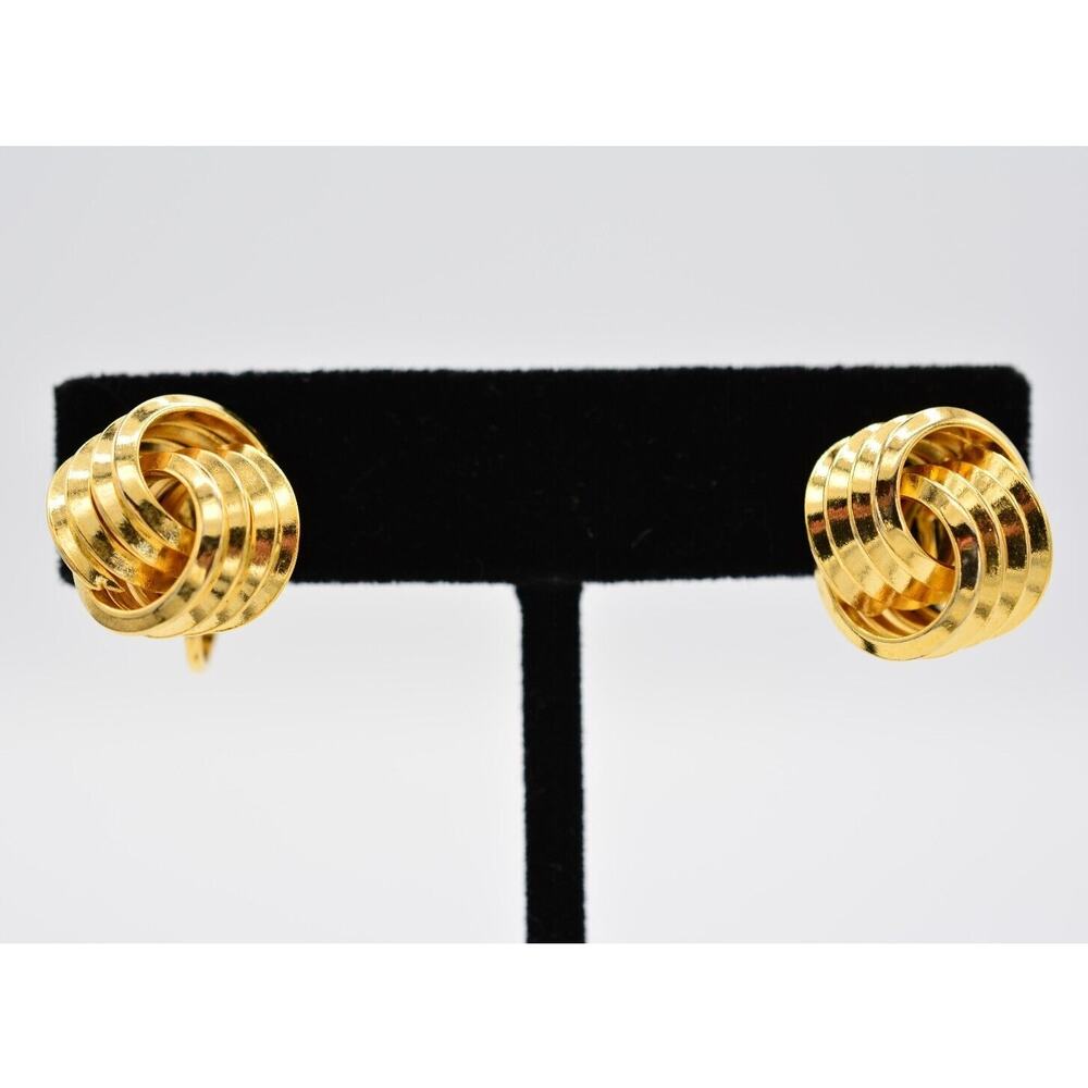 Vintage Clip On Earrings Knot Tie Stud Gold Huggie Round Metallic 1980s BinAA